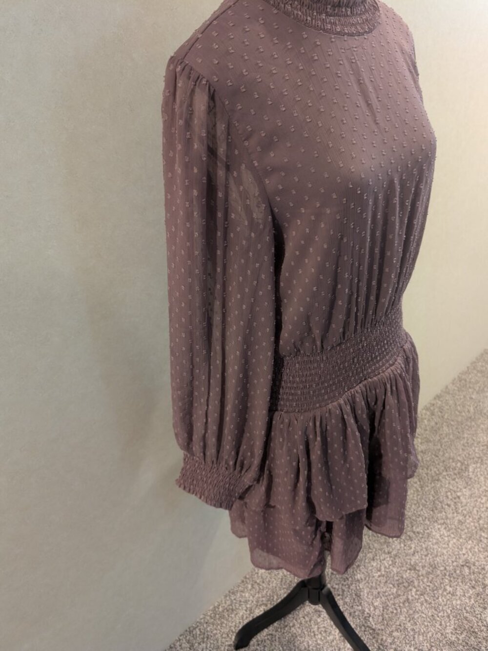 American Eagle Mauve Swiss Dot Smocked Tiered Mini Dress Women Large Boho - Picture 2 of 7